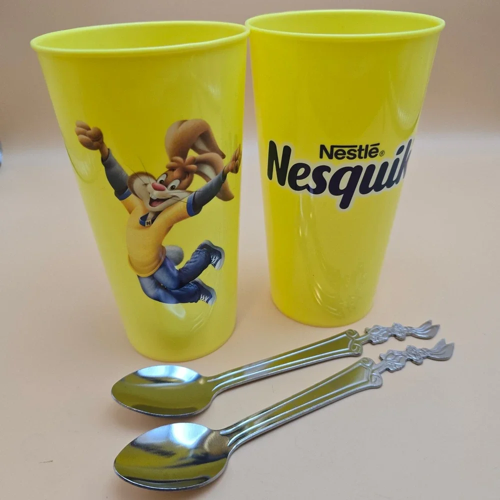 Vintage Nestle Nesquik Yellow Plastic Cups & Bunny Mixing Spoons Set of 2